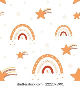 Seamless pattern with boho rainbows and stars on light background in flat style - orange colors