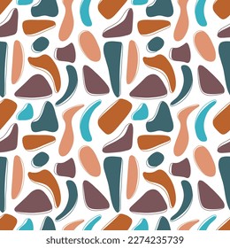 Patrón sin brillo en el estilo maníaco boho escandinavo con figuras abstractas de forma. Paleta cálida terracota, azul, beige. Textil, impreso, papel envolvente, ropa, redondo, línea, spot, diseño de vectores planos.