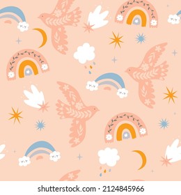 Patrón sin foco en el estilo boho con aves y arcos de lluvia. Gráficos vectoriales.