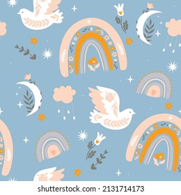 Seamless pattern in boho style with birds and rainbows. Vector graphics.