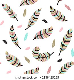 Seamless pattern in boho style with colorful feathers. Vector illustration