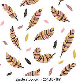 Seamless pattern in boho style with colorful feathers. Vector illustration.
