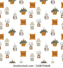 Seamless pattern with boho style with different interior items. Hand drawn style vector illustration