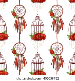 Seamless pattern in boho style: dream cathers, poppies in cages. Hand drawn elements. Ethnic boho pattern for textile, packaging, greeting cards, invitations, wedding decorations. Bohemian collection.