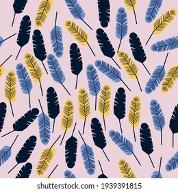 Seamless pattern in boho style with feathers in black, yellow and blue colors. Vector illustration on pink background 