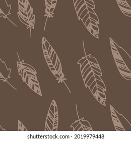 Seamless pattern with boho style feathers, hand drawn in doodle style, cute pattern, hand drawn cartoon style, scandinavian style feathers, hygge, cozy, vector illustration, Print
