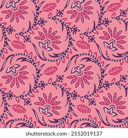 Seamless pattern, boho style flowers, pink, endless, all over print to use textile, fabric, clothing, backdrop, wallpaper, blanket, home textile, clothing, fashion, packaging, gift wrap vector artwork