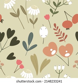 Seamless pattern in boho style, hand-drawn floral and herbal motifs. Vector pattern ideal for packaging, covers, fabric print.