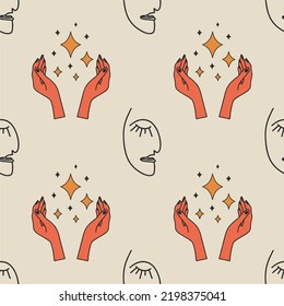 Seamless pattern in boho style. Hands holding a star, abstract faces. The object of spiritual occultism. Vector illustration. Endless background print.