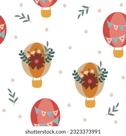 Patrón sin brillo en estilo boho. Globos de aire caliente, flores, banderas, plantas. Ilustración para textil, papel envolvente, tela, diseño de impresión, papel pintado, saludo, decoración, paquete, textura. Vector