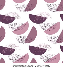 Seamless pattern in boho style, lilac semicircular shapes and dotted shapes on a white background. Vintage texture, print, background, textile