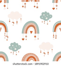 Seamless pattern in boho style with magic rainbows. Vector kids illustration for nursery design, great for valentines day. Bohemian fabric design for baby clothes, wrapping paper.