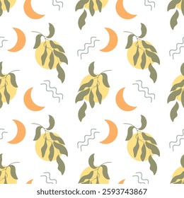 Seamless pattern in boho style, moon, sun, waves and branches with leaves. Vintage texture, print, background, textile