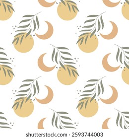 Seamless pattern in boho style, moon, sun, waves and branches with leaves. Vintage texture, print, background, textile
