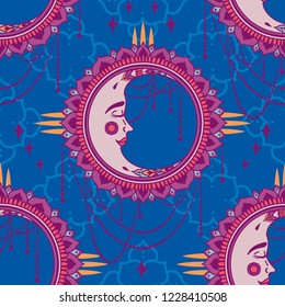 Seamless pattern with boho style moons with faces and jewels, vector illustration