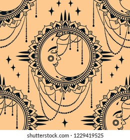 Seamless pattern with boho style moons with faces and jewels, vector illustration