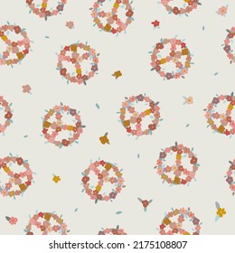 Seamless pattern in boho style. Pacific. International symbol of peace in flowers in pastel colors. Modern style. Suitable for scrapbooking, stickers, decoration, merch, clothing, postcards