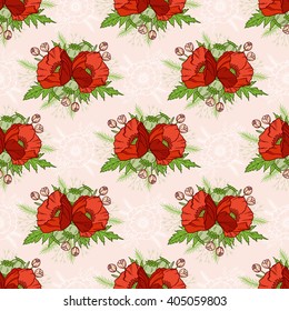 Seamless pattern in boho style with poppies. Hand drawn floral elements. Summer time. Floral bright pattern for textile, packaging, greeting cards, invitations, wedding decoration. Bohemian collection