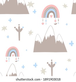 Seamless pattern in boho style with rainbows, mountains, stars. Vector kids illustration for nursery design. Bohemian fabric design for baby clothes, wrapping paper.