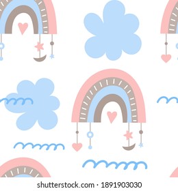 Seamless pattern in boho style with rainbows, hearts, clouds. Vector kids illustration for nursery design. Bohemian fabric design for baby clothes, wrapping paper.