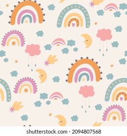 Seamless pattern in boho style with rainbows. Vector graphics.
