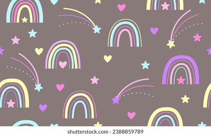 Seamless pattern with boho style rainbows, heart, star. Seamless cute pattern