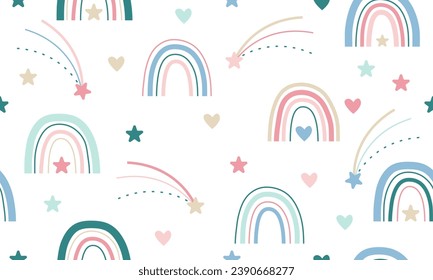 Seamless pattern with boho style rainbows, heart, star. Seamless cute pattern