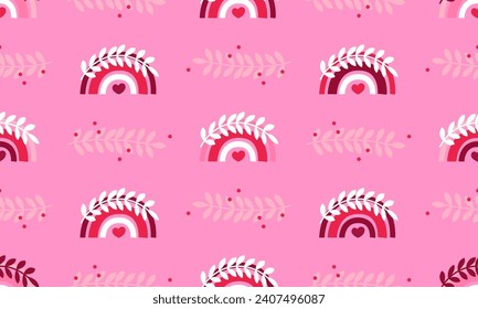 Seamless pattern with boho style rainbows, heart. Seamless cute pattern