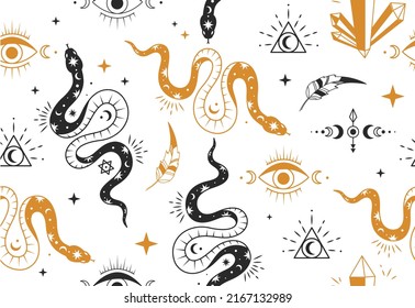 Seamless Pattern In Boho Style. Repeating Image With Snakes For Printing On Bedding And Clothes. Mysticism, Esotericism, Magic And Witchcraft, Intangible Energy. Cartoon Flat Vector Illustration