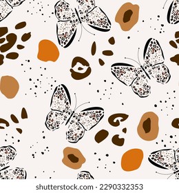 Seamless pattern in boho style . Simple minimalistic background with cute big butterfly outlines and leopard spots. Design wallpaper, print for banner, postcard, packaging, textile.