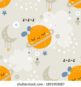 Seamless pattern in boho style with sleeping planet on night sky. Vector kids illustration for nursery design. Bohemian fabric design for baby clothes, wrapping paper.