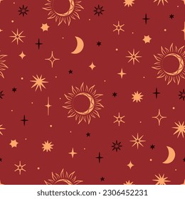 Seamless pattern in boho style with stars and moons on a red background. Vector graphics.