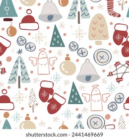 Seamless pattern in boho style. Vintage winter, Christmas elements, winter decorations and abstract elements. Design for textiles, cards, invitations, wrapping paper and boxes. Hand drawn elements