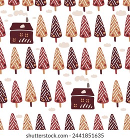 Seamless pattern in boho style. Vintage winter, Christmas elements, winter decorations and abstract elements. Design for textiles, cards, invitations, wrapping paper and boxes. Hand drawn elements