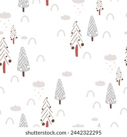 Seamless pattern in boho style. Vintage winter, Christmas elements, winter decorations and abstract elements. Design for textiles, cards, invitations, wrapping paper and boxes. Hand drawn elements