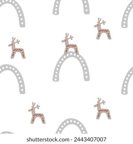 Seamless pattern in boho style. Vintage winter, Christmas elements, winter decorations and abstract elements. Design for textiles, cards, invitations, wrapping paper and boxes. Hand drawn elements