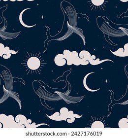 seamless pattern boho style with whale, clouds and moon on starry sky. modern design for textile, package, wallpaper and more