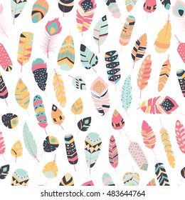 Seamless pattern with boho vintage tribal ethnic colorful vibrant feathers, vector illustration