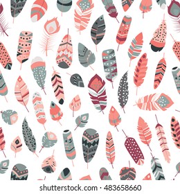 Seamless pattern with boho vintage tribal ethnic colorful vibrant feathers, vector illustration