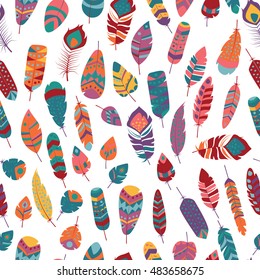 Seamless pattern with boho vintage tribal ethnic colorful vibrant feathers, vector illustration