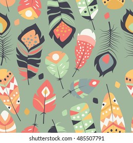 Seamless pattern with boho vintage tribal ethnic colorful vibrant feathers, vector illustration