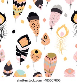 Seamless pattern with boho vintage tribal ethnic colorful vibrant feathers, vector illustration