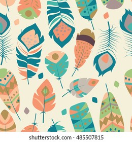 Seamless pattern with boho vintage tribal ethnic colorful vibrant feathers, vector illustration