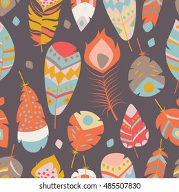 Seamless pattern with boho vintage tribal ethnic colorful vibrant feathers, vector illustration