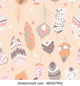 Seamless pattern with boho vintage tribal ethnic colorful vibrant feathers, vector illustration