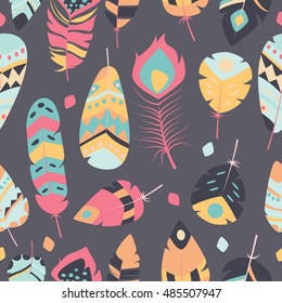 Seamless pattern with boho vintage tribal ethnic colorful vibrant feathers, vector illustration