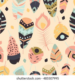 Seamless pattern with boho vintage tribal ethnic colorful vibrant feathers, vector illustration