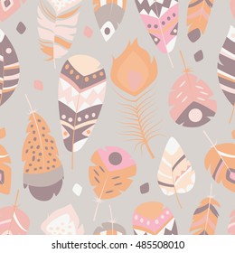 Seamless pattern with boho vintage tribal ethnic colorful vibrant feathers, vector illustration
