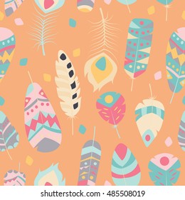 Seamless pattern with boho vintage tribal ethnic colorful vibrant feathers, vector illustration