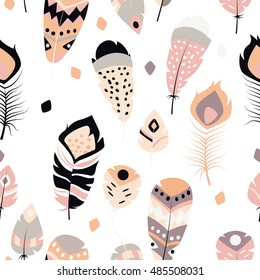 Seamless pattern with boho vintage tribal ethnic colorful vibrant feathers, vector illustration